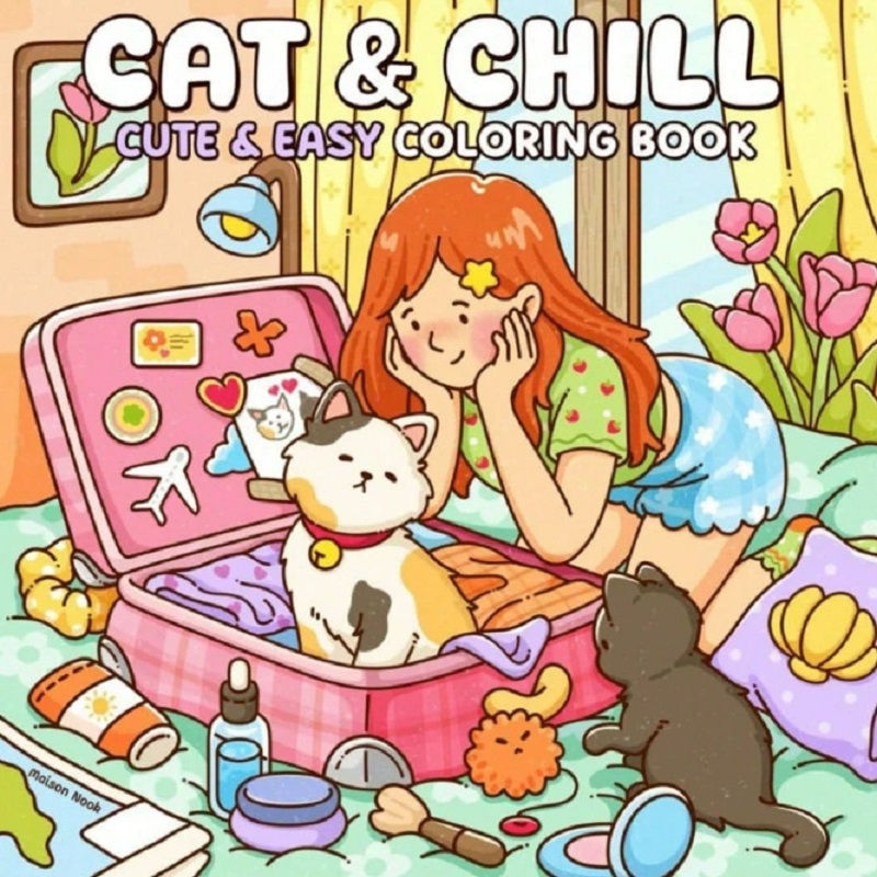 Adult Coloring Book Stress Relief - 고양이와 소녀 귀여운 성인용 색칠책 스트레스