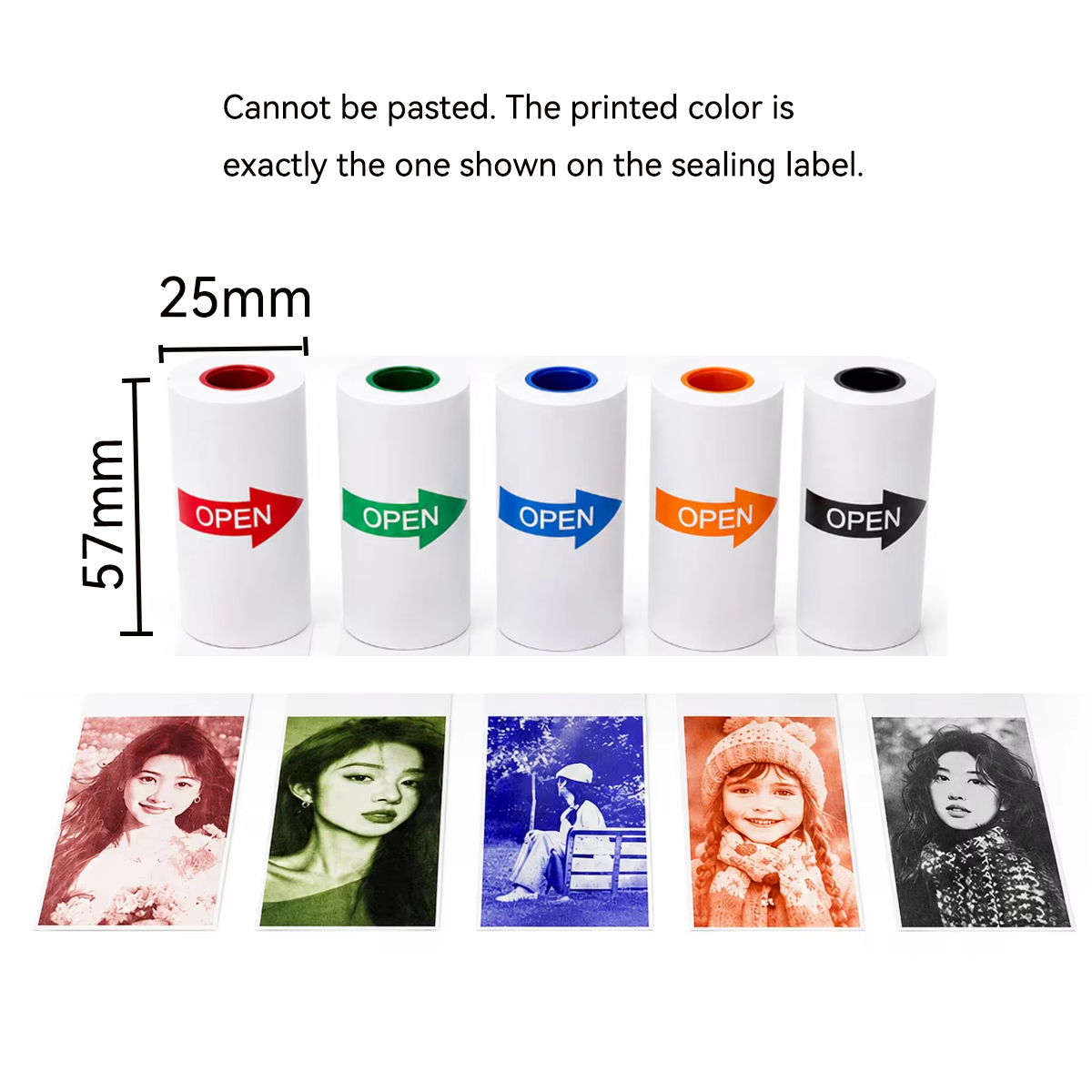 Mini Pocket Thermal Printer Paper Roll - 57x25mm 흰색/컬러 감열지 롤 - 비접착식