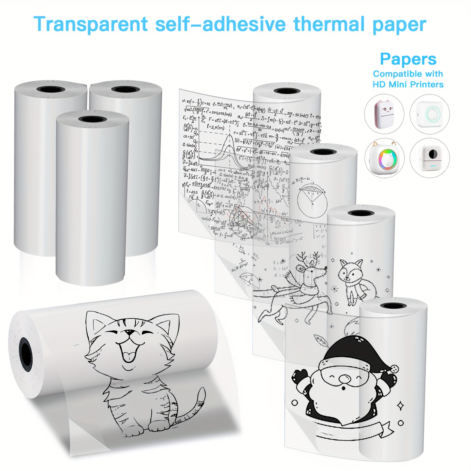 Mini Pocket Thermal Printer Paper Roll - 2/4/8 롤 투명 자체 접착 감열지